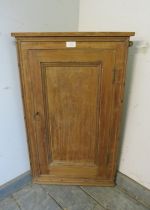 An antique pine wall-hanging corner cupboard, the panelled door opening onto two loose shelves.