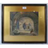 A framed & glazed watercolour, 'Study of monks in a monastery', signed mono EB & dated 1892. 25cm