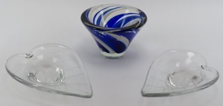 A Kosta Boda glass vase and two bowls of leaf form. (3 items) Bowls both signed beneath. Vase: 10.