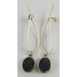 A pair of Artisanal Sussex Guild silver earrings with crystal quartz ‘geode’ drops, 6cm long