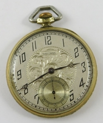 A Waltham Colonial yellow metal pocket watch, with engraved open face, seconds wheel, slimline, - Image 2 of 5