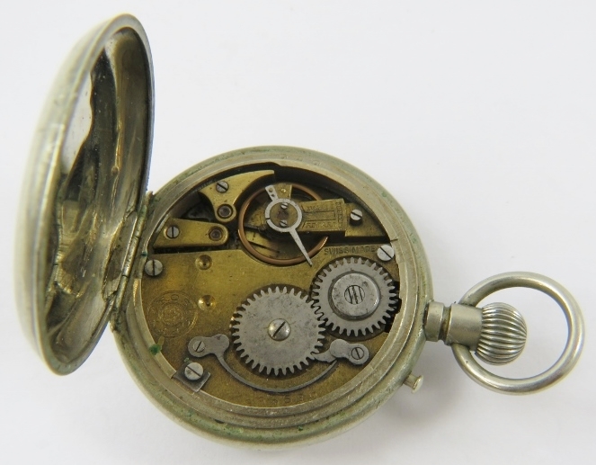 Roscopf Patent, a Swiss Made white metal pocket watch, the open faced white enamel dial with Roman - Image 3 of 3