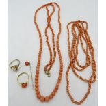 A graduated coral necklace, approx 18" long, a small beaded coral necklace, approx 24" long, a
