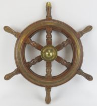 Maritime: An oak and brass six spoke ship’s wheel, probably late 19th/early 20th century. 62.5 cm
