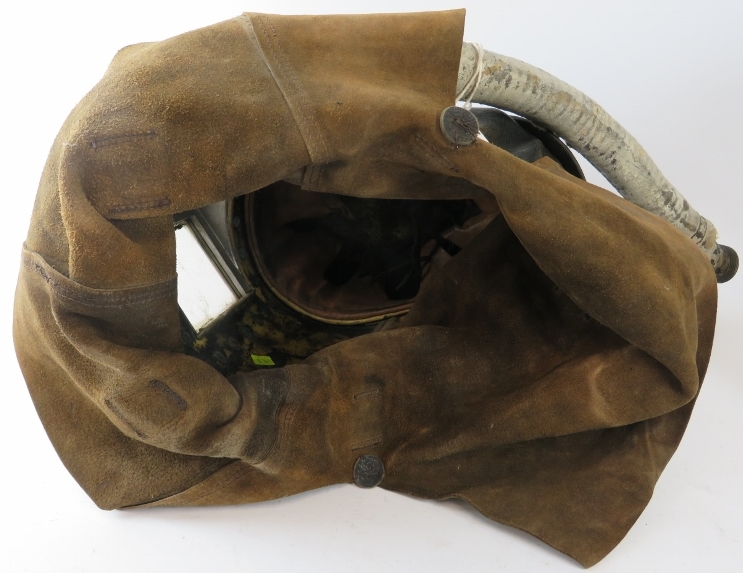 A rare late 19th century British Siebe Gorman & Co leather smoke/rescue helmet with fitted breathing - Image 6 of 6