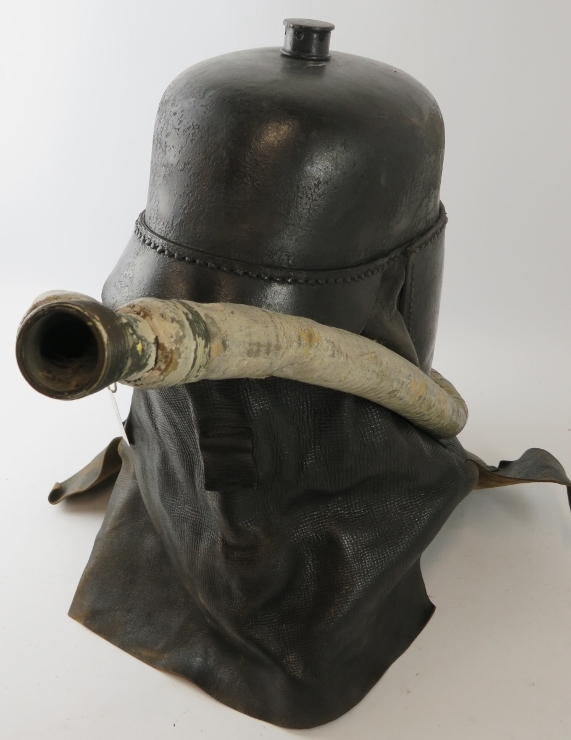 A rare late 19th century British Siebe Gorman & Co leather smoke/rescue helmet with fitted breathing - Image 5 of 6