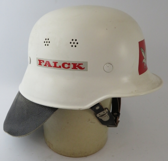 A 1980s Danish Falck Fire Brigade white ABS fire helmet with leather neck cowl