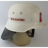 A 1980s Danish Falck Fire Brigade white ABS fire helmet with leather neck cowl