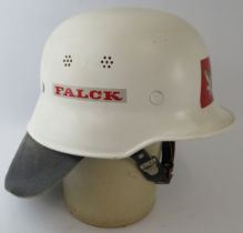 A 1980s Danish Falck Fire Brigade white ABS fire helmet with leather neck cowl