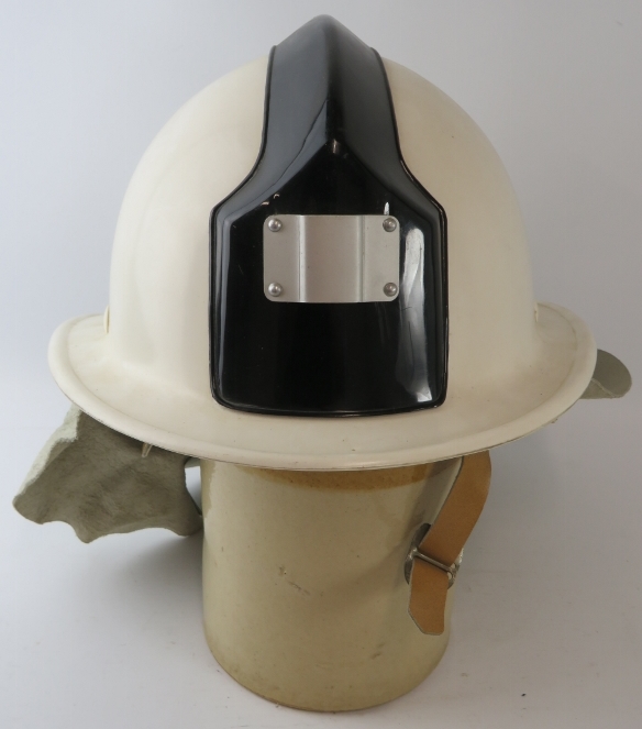 A 1990s Czechoslovakia Fire Service white Ergon fibreglass fire helmet with leather neck cowl - Image 2 of 3