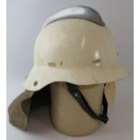 A 1970s Dutch Fire Service white fibreglass fire helmet with leather neck cowl
