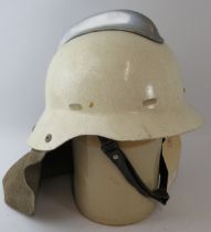 A 1970s Dutch Fire Service white fibreglass fire helmet with leather neck cowl