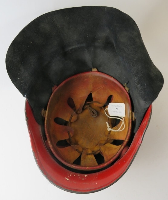 A 1960s German steel red fire helmet with leather neck cowl - Image 3 of 3