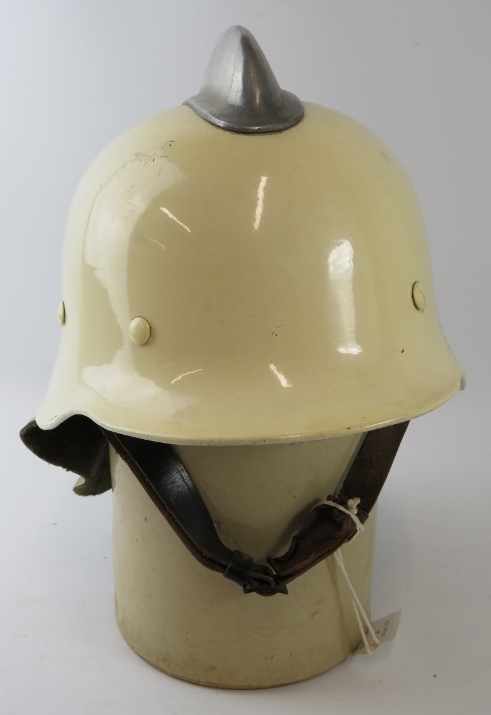 A 1980s Dutch Fire Service white steel fire helmet with polished metal comb and leather neck cowl. - Image 2 of 3