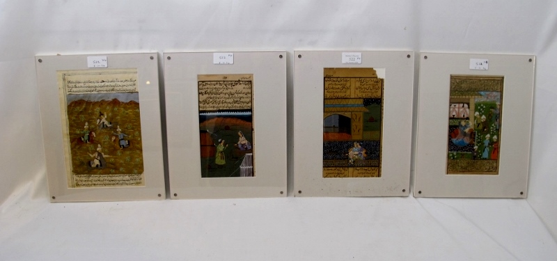 Four Indian miniature paintings, Gouache on paper, depicting lover and battle scenes below verse.