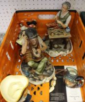 A box containing Royal Doulton character jugs, and Capo-di-monte figurines