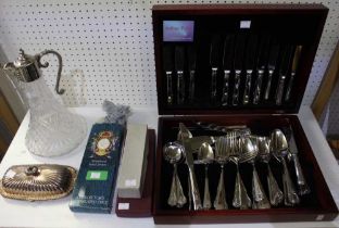 A part canteen of silver plated cutlery, various other plated wares, including a claret jug