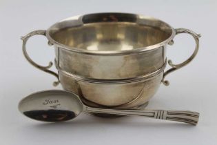 J.B. Chatterley and Sons Ltd, a two handled silver porringer of Georgian design, with spoon, Birming