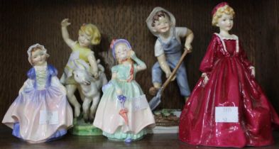 A selection of five bone china figures, includes Royal Worcester "Aril", "Saturdays Child", "Grandmo