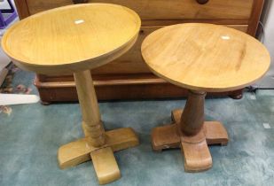 Two 'scratch built' oak circular topped single column tables