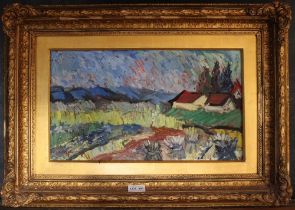 An indistinctly signed & dated oil impasto on panel of a rural landscape with corn stooks & houses b