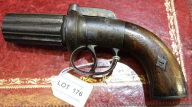 A 19th Century Pepper-pot percussion pistol with polished wood handle