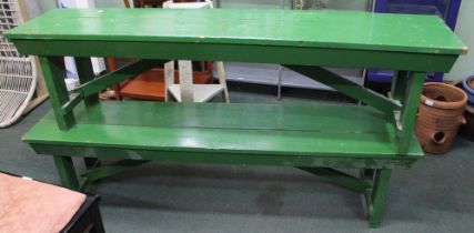 Two green painted wooden benches