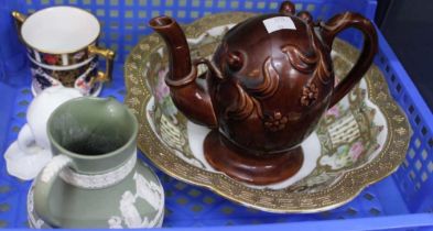 A Cadogan teapot, Noritake fruit bowl, Wedgwood cameo jug, Worcester Lotus wall pocket, Carlton ware