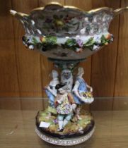 A Continental porcelain table centre piece fruit bowl, pierced basket design, floral encrusted, the