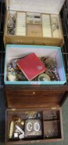 Three boxes of costume jewellery and a small silver photo frame