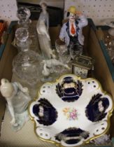 A box containing Lladro, cut glass, brass carriage clock, Continental fruit bowl, etc.