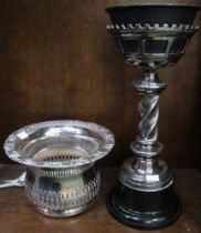 A silver plated bottle coaster and a plated barley twist column oil lamp base (2)