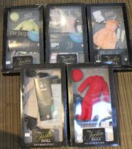 A collection of five Franklin Mint Jackie Kennedy doll costumes, all in original boxes (5)