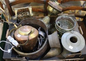 A box of metal wares includes copper kettle etc