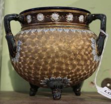 Royal Doulton stoneware three handled 'Camp Kettle' vase of cauldron form, impressed decoration
