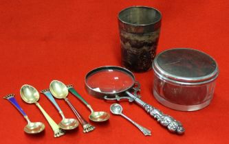 Silver & enamel spoons, etc