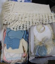 Handmade vintage baby clothing items to include cream crochet blanket