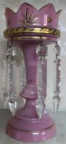 A Victorian opaque glass table lustre, gilded pink ground, 22cm high