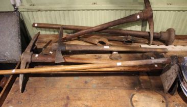 A quantity of wooden shafted sledge hammers and ground working implements etc
