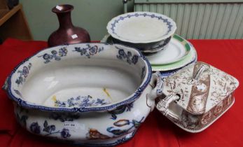 A late Victorian pottery footbath, a sepia printed tureen with ladle and various other ceramic wares