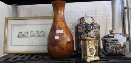 Two Japanese style lidded pots with a wooden vase, carriage clock and a picture