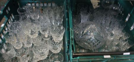 Three boxes of cut and other table glass, includes tumblers, stemmed wines etc (crates belong to the