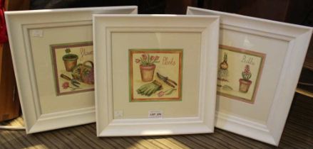 Tiffany Budd, three watercolours, inscribed "Bulbs", "Plants", "Flowers" signed, 14cm square, white