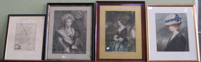 Three prints, portraits of ladies, framed, together with a framed map of Worcestershire (4)