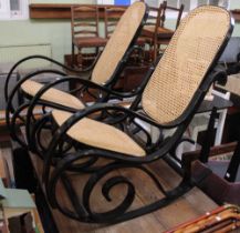 Pair of bergere rockers with ebonised bent wood frames