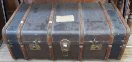 Wooden banded travel trunk, fitted tray with contents