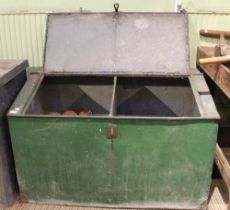 A green painted vintage galvanised twin compartment feed bin