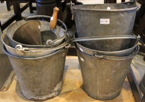 Six vintage galvanised buckets, a feed scoop and a funnel