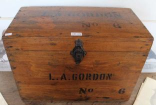 A late Victorian box, iron handles, stencilled "L.A. Gordon No. 6", 54cm wide