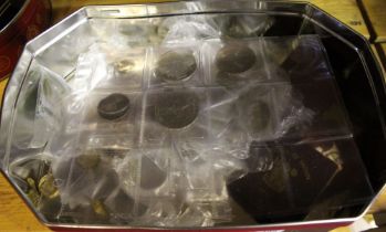 Tin of coins, including 1952 6d, double headed 1d, 1837 6d, etc.